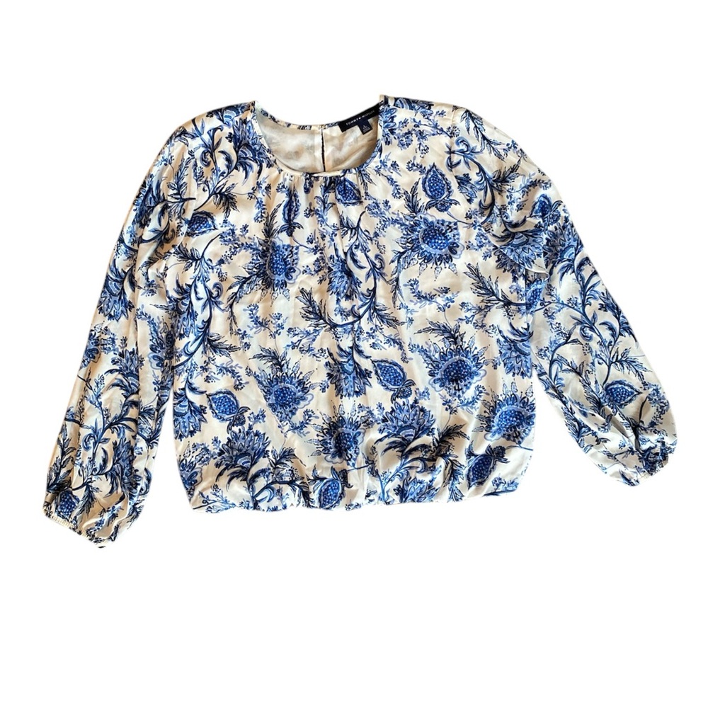 Tommy Hilfiger White & Blue Floral Long Sleeve Blouse, Women’s size L